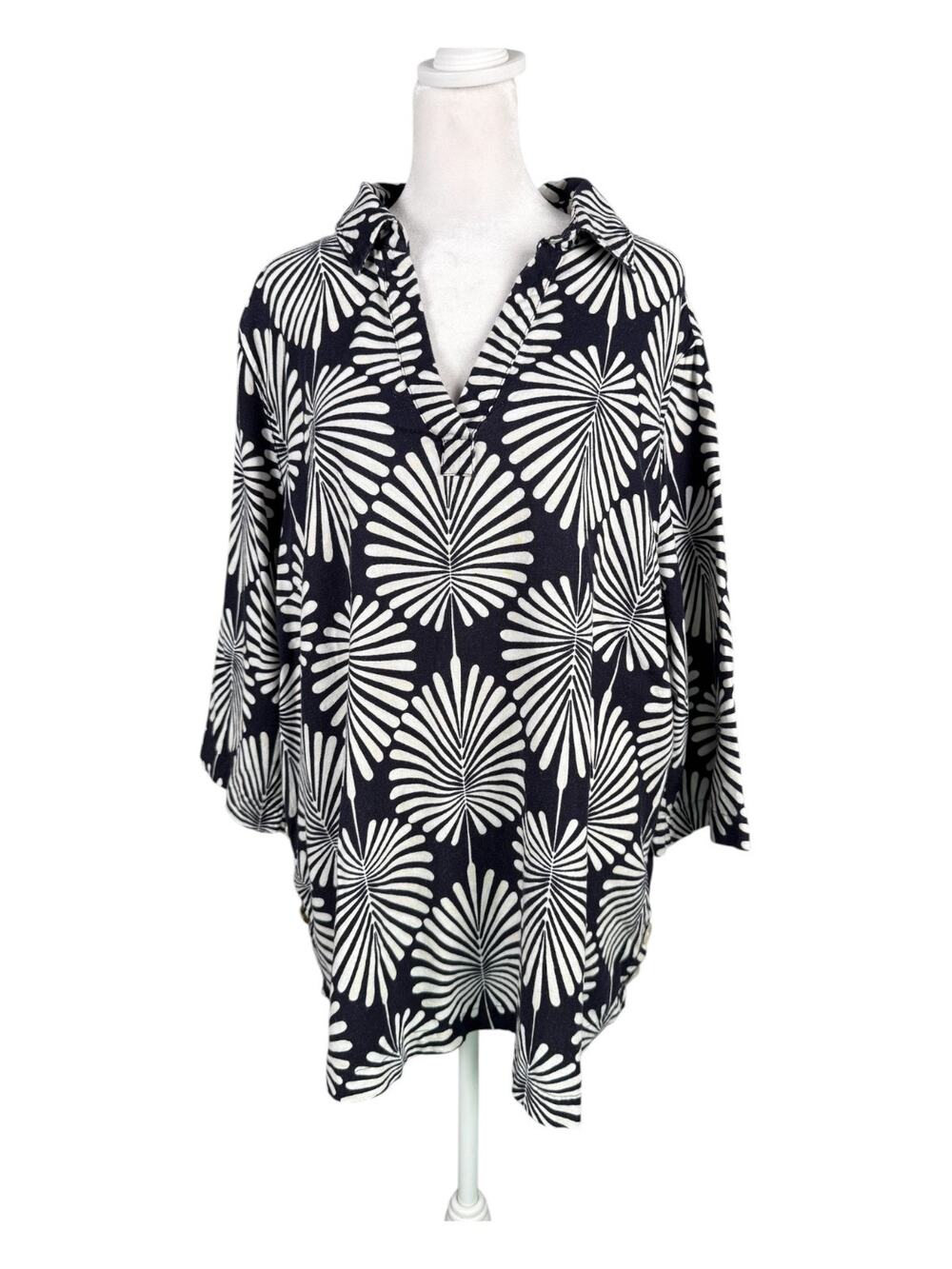 Joie 1X Linen Blend Navy White Palm Leaf Tunic 3/4 Sleeve Popover Top Coastal